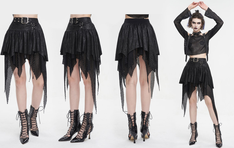 Women's Gothic Irregular Mesh Splice Buckle Skirt Black
