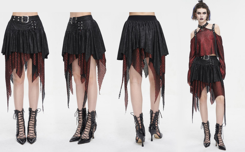 Women's Gothic Irregular Mesh Splice Buckle Skirt Red