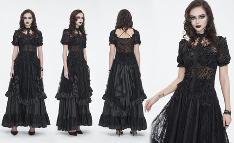 Women's Gothic Puff Sleeved Flocking Mesh Sheer Shirt