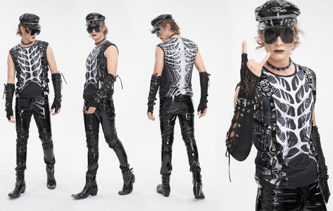 Men's Punk Skeleton Patent Leather Splice Tank Top