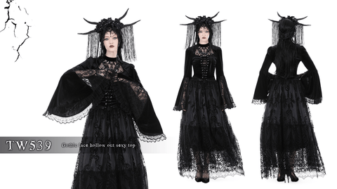Women's Gothic Flared Sleeved Lace Splice Velvet Shirt