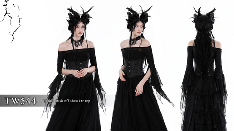 Schulterfreie Gothic-Bluse aus Netzstoff mit ausgestellten Ärmeln für Damen