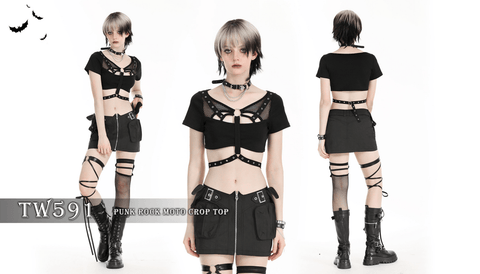 Women's Punk Mesh Splice Strap Crop Top