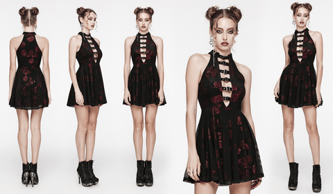 Women's Gothic Mesh Splice Red Rose Velvet Halterneck Dress