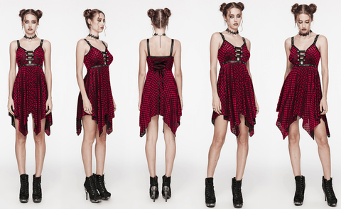 Women's Gothic Irregular Plunging Plaid Slip Dress Red