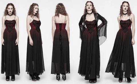 Women's Gothic Floral Embroidered Color Gradient Slip Dress