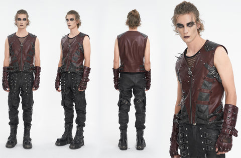 Men's Punk Studded Red Faux Leather Vest