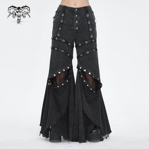 DEVIL FASHION Women's Punk Mesh Eyelets Ruffled Flared Pants
