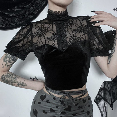 Kobine Women's Gothic Sipder Mesh Splice Velvet Crop Top