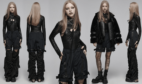 Women's Punk Cutout Stand Collar Drawstring Shirt