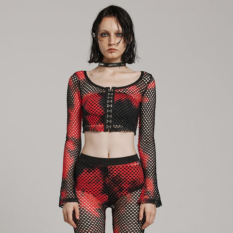 PUNK RAVE Women's Punk Mesh Tie-dyed Long Sleeved Crop Top Black-Red