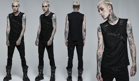 Punk Rave Men's Punk Mesh Splice Buckle Tank Top