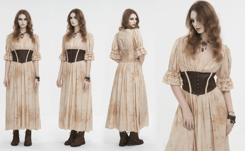 Women's Gothic Plunging Puff Sleeved Lace Hem Dress