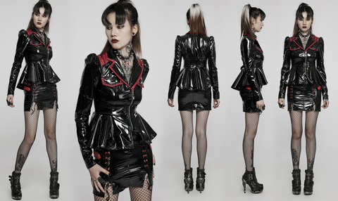 Punk Rave Women's Punk Military Style Contrast Color Patent Leather Jacket