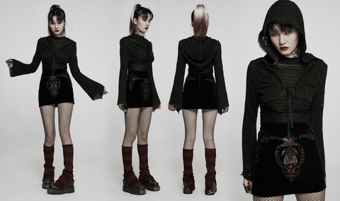 Punk Rave Women's Gothic Punk Ripped Knitted Short Jacket with Hood