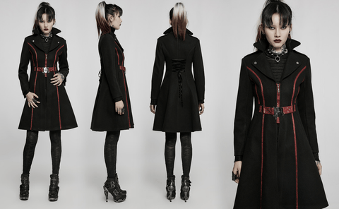 Punk Rave Women's Gothic Punk Turn-down Collar Front Zip Winter Long Coat