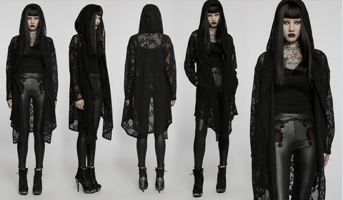 Punk Rave Women's Gothic Sheer Floral Mesh Long Coat with Hood