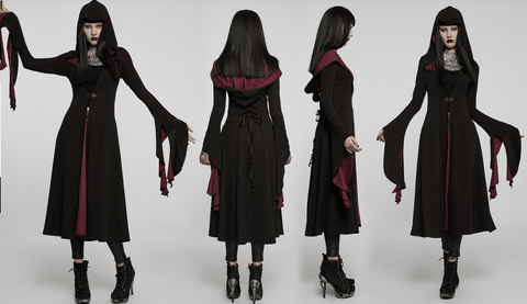 Punk Rave Women's Gothic Flare Sleeved Maxi Coat with Hood