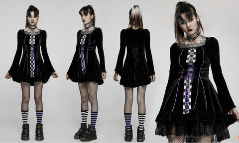 Punk Rave Women's Gothic Lolita Contrast Color Flare Sleeved Velet Dress