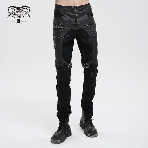 DEVIL FASHION Men's Gothic Distressed Faux Leather Pants