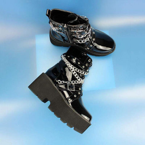 Women's Gothic Punk Patent Leather Chain Platform Boots