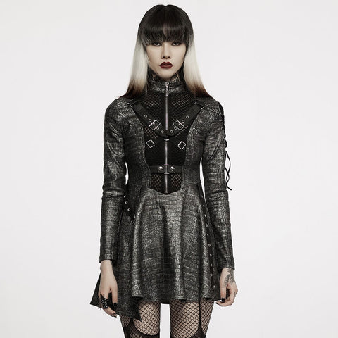 PUNK RAVE Women's Gothic Military Style Front Zip Faux Leather Long Sleeved Dress