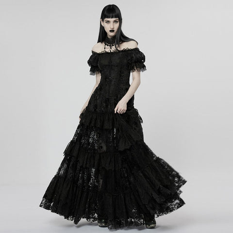 PUNK RAVE Women's Gothic Puff Sleeved Ruffles Lace Dress