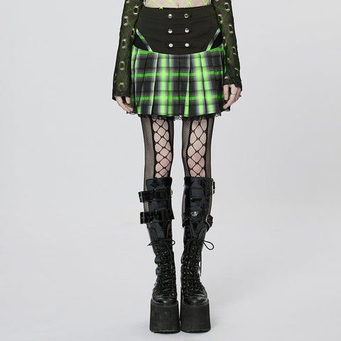 Women's Grunge Double Color Plaid Pleated Skirt
