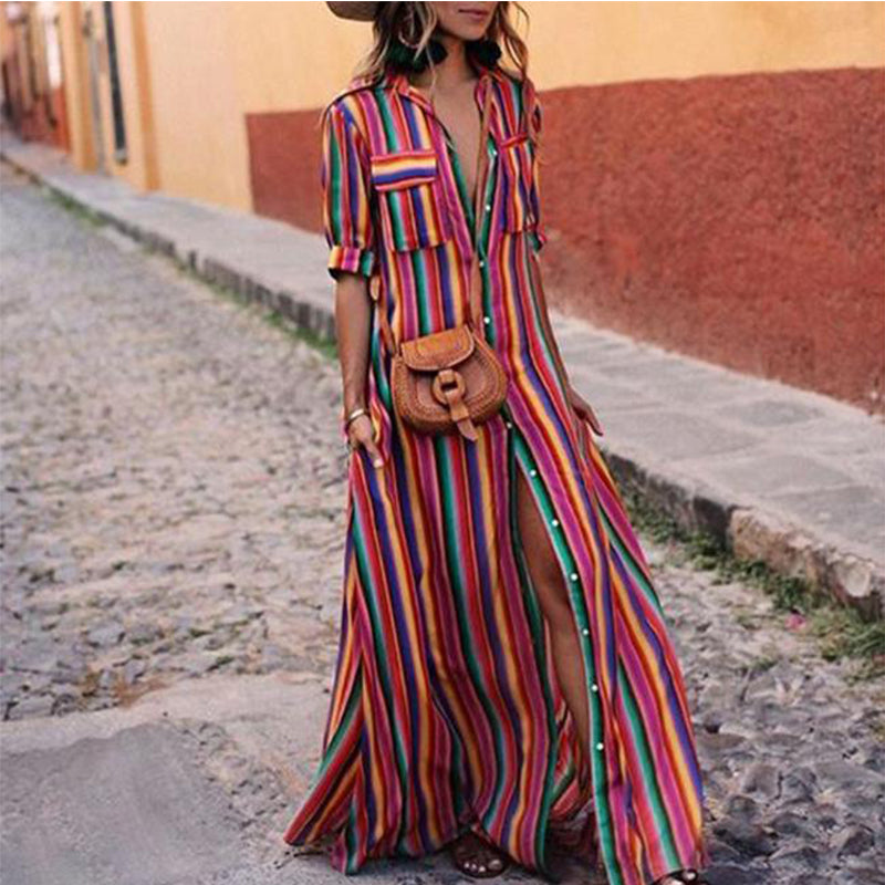 New Arrival Summer Striped Maxi Loose Button Down Bohemian Long Dress