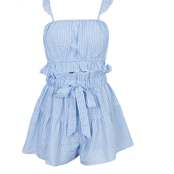 Casual strap ruffled plaid two piece sexy beach short & blouse outfit