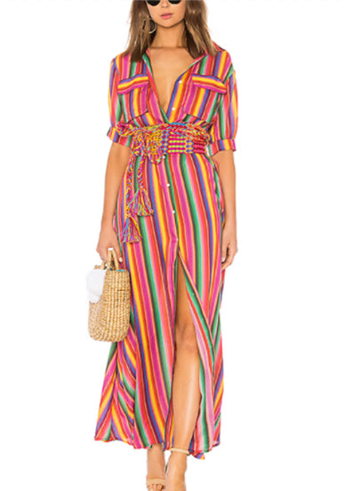 New Arrival Summer Striped Maxi Loose Button Down Bohemian Long Dress