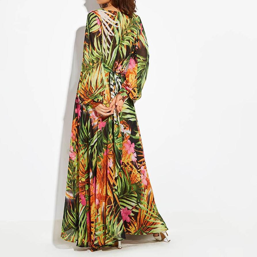 Tropical Print Long Sleeve Vintage Maxi Boho V-Neck Tunic Draped Dress