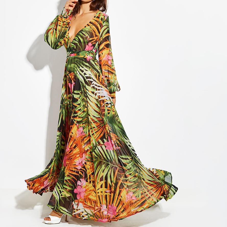 Tropical Print Long Sleeve Vintage Maxi Boho V-Neck Tunic Draped Dress