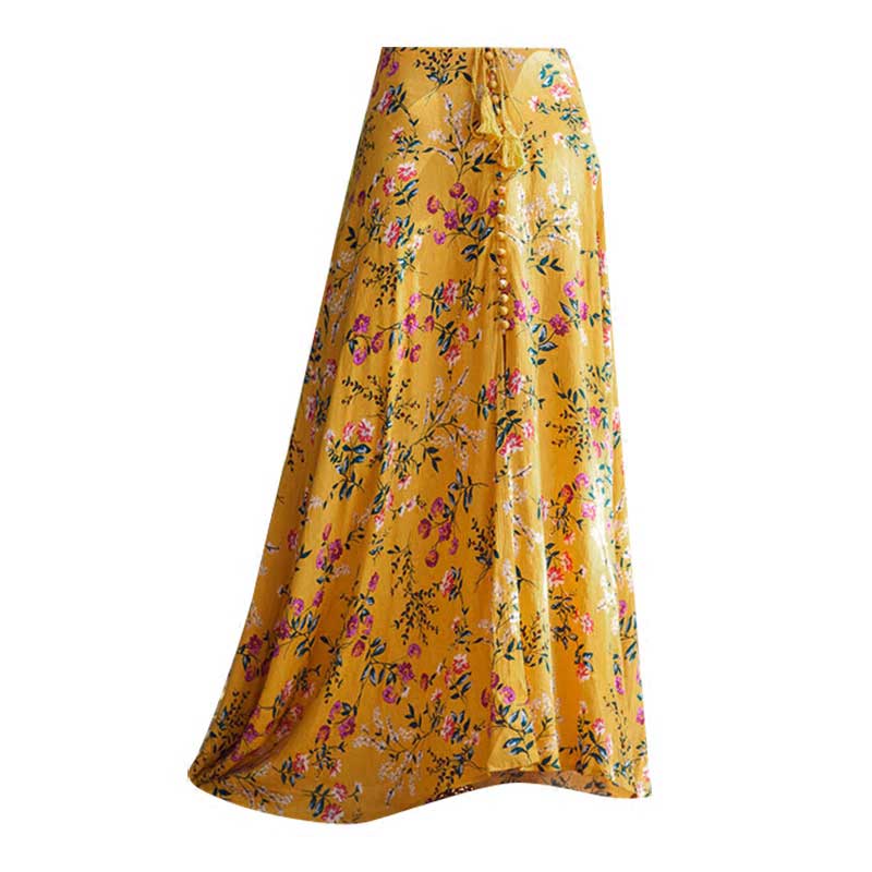 Yellow Boho Hippie Chic Inspired Floral Print Tassel Belt Elastic Long Yellow Skirt