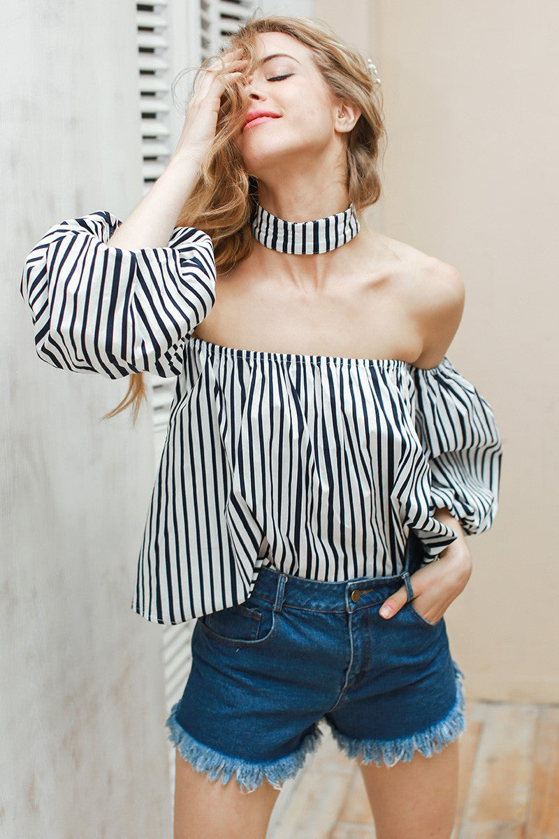 Off the Shoulder Navy Blue and White Stripe Top Billowy Sleeves w/ elastic cuffs