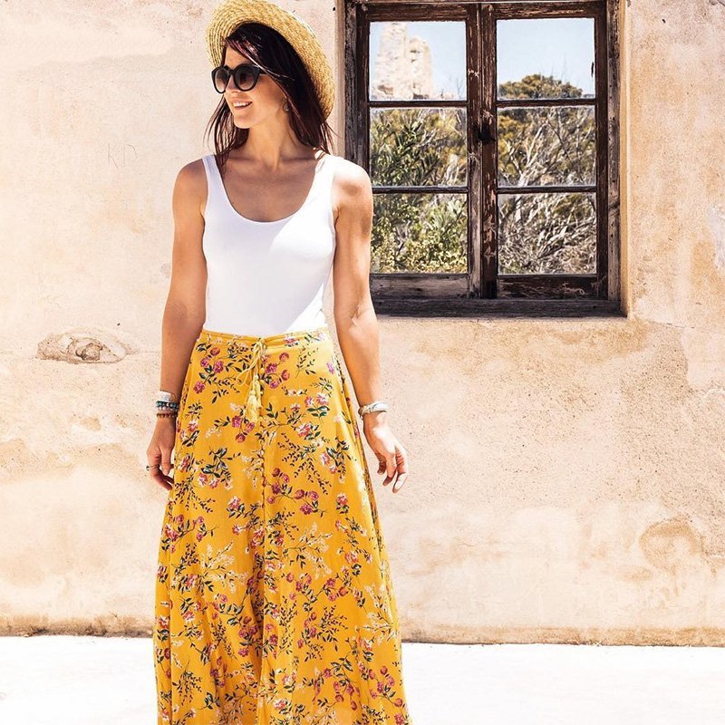 Yellow Boho Hippie Chic Inspired Floral Print Tassel Belt Elastic Long Yellow Skirt