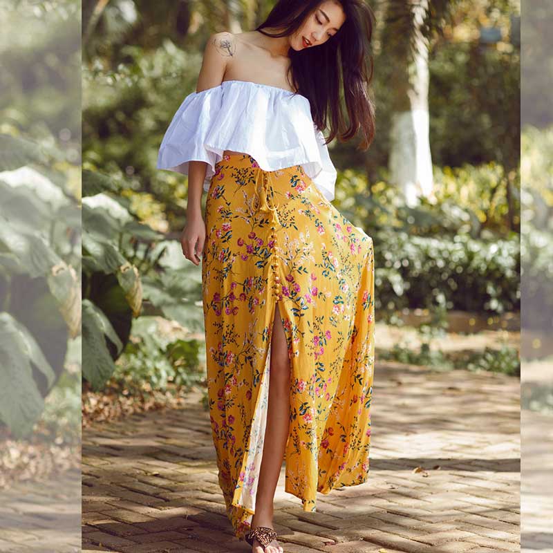 Yellow Boho Hippie Chic Inspired Floral Print Tassel Belt Elastic Long Yellow Skirt