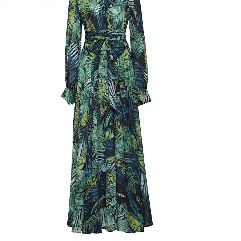 Tropical Print Long Sleeve Vintage Maxi Boho V-Neck Tunic Draped Dress