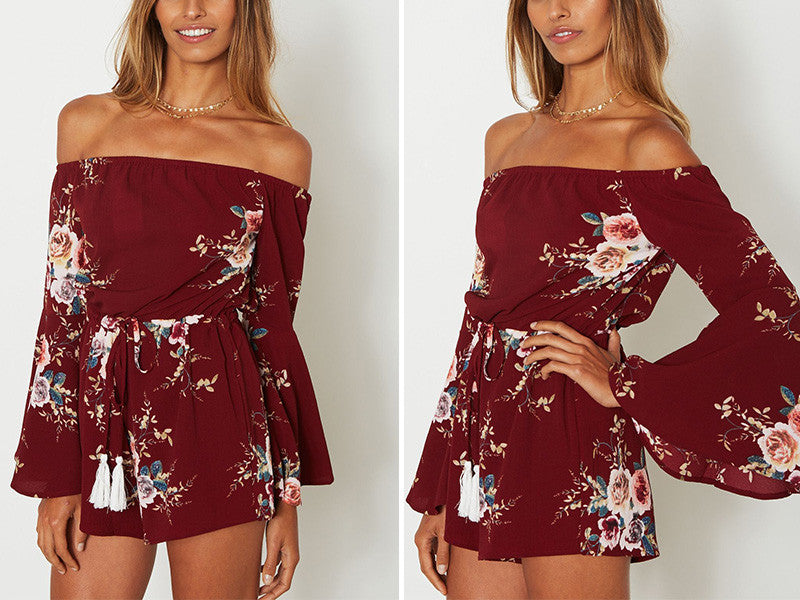 Off the Shoulder Floral Print Tassel Summer Beach Flared Sleeve Romper