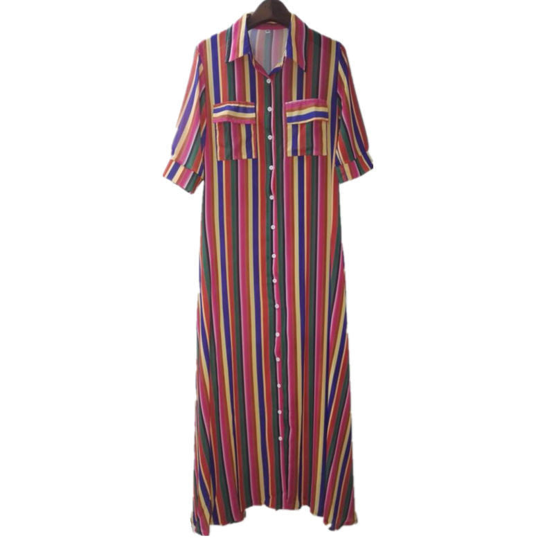 New Arrival Summer Striped Maxi Loose Button Down Bohemian Long Dress