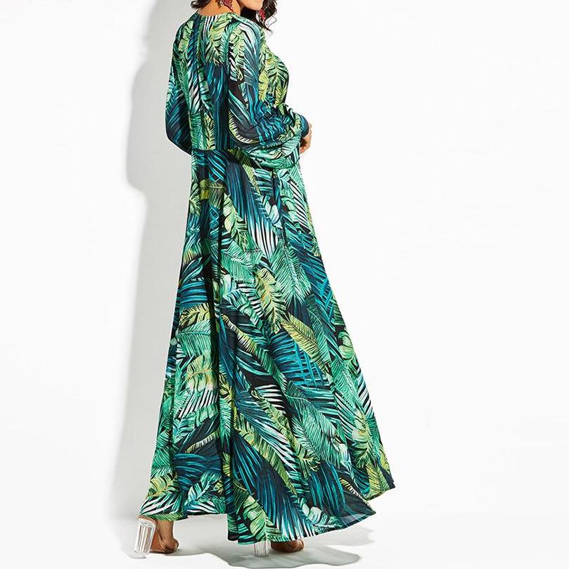 Tropical Print Long Sleeve Vintage Maxi Boho V-Neck Tunic Draped Dress