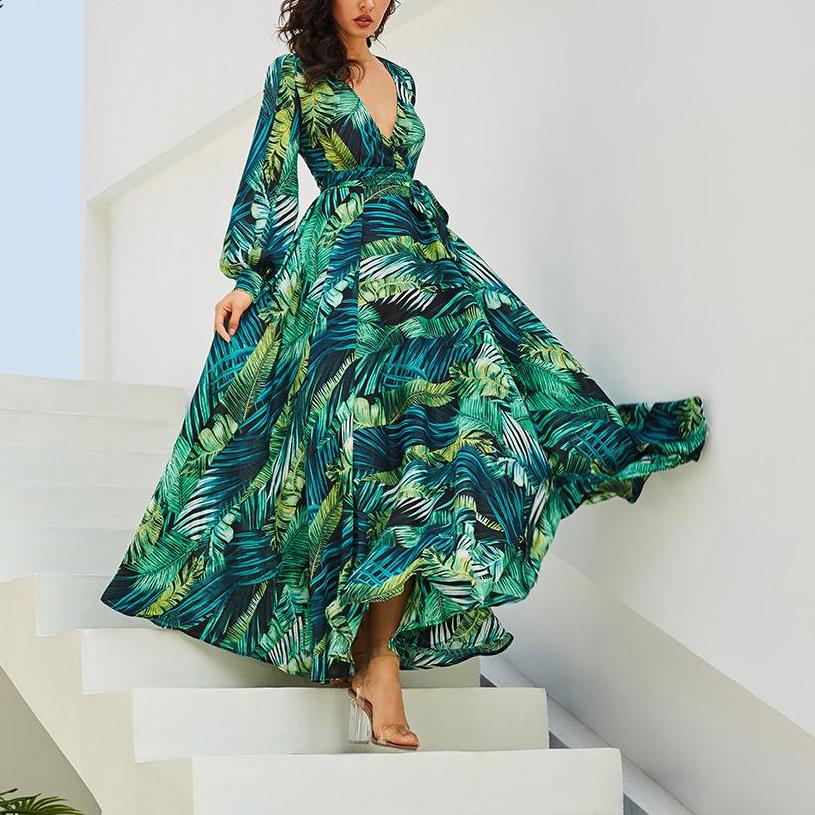 Tropical Print Long Sleeve Vintage Maxi Boho V-Neck Tunic Draped Dress