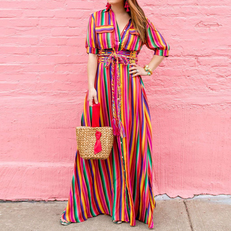 New Arrival Summer Striped Maxi Loose Button Down Bohemian Long Dress