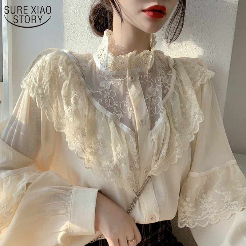 Spring Sweet Loose Women Clothes Korean Ruffled White Blouse Fashion Stand Collar Lady Tops Vintage Long Sleeve Lace Shirt 11335