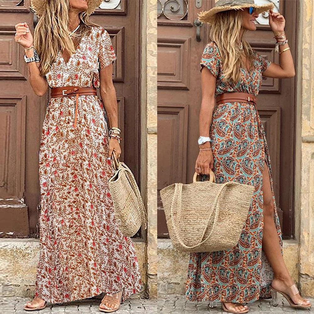 Boho Women V Neck Short Sleeve Paisley Print Beach Long with belt Dress