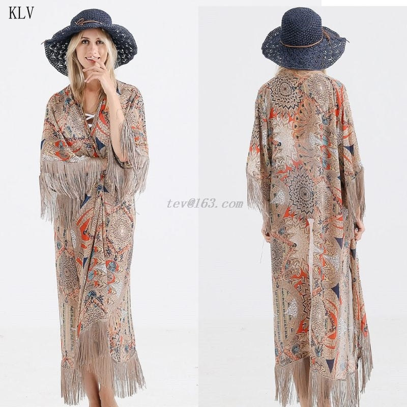 2021 Retro Printed Half Sleeve Chiffon Cardigan Kimono Boho Fringed Tassels Bikini Cover Up Ankle Length Cape Beach Swimsuit