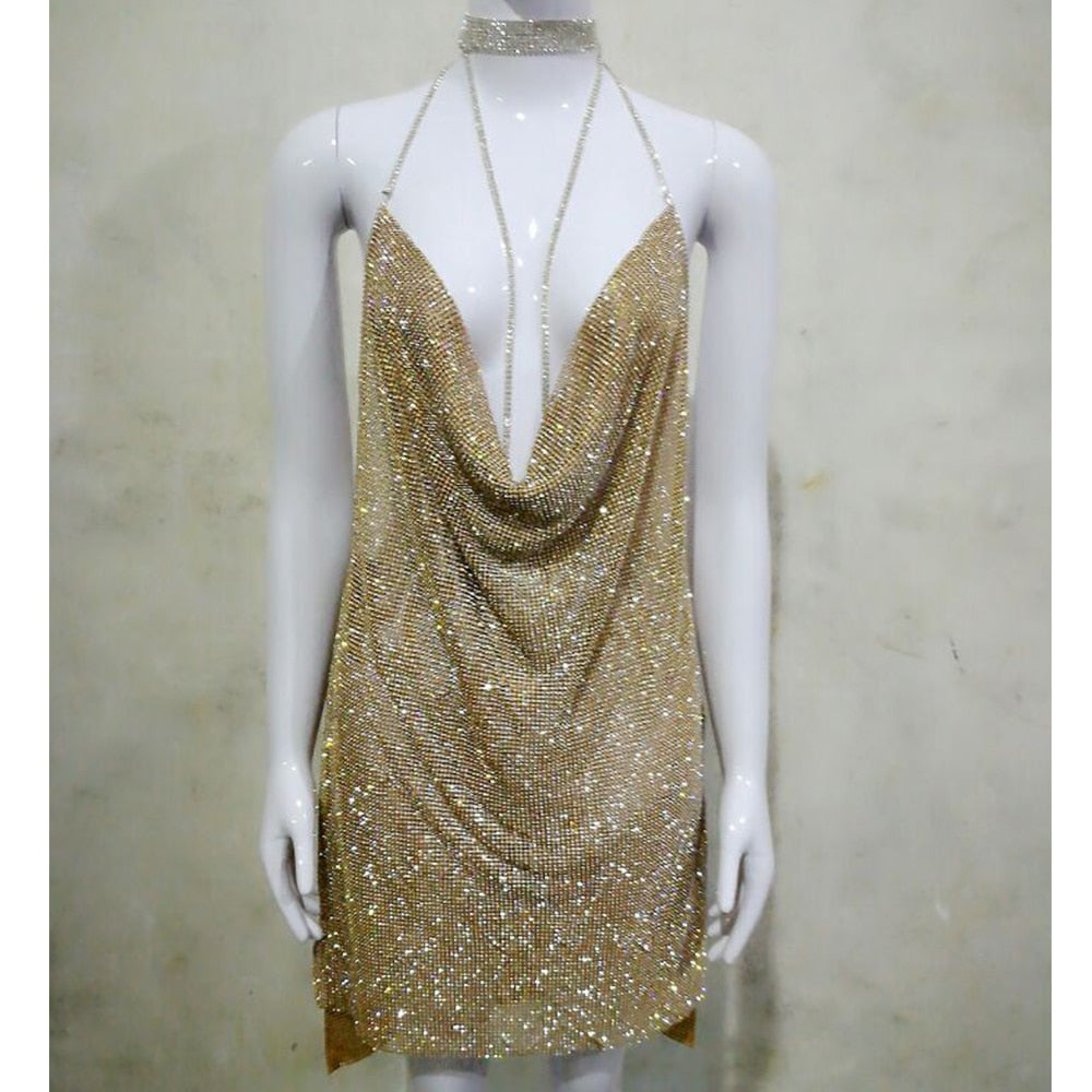 Sexy Rhinestone Metal chain Glitter Summer Backless slip Sequins Mini Luxury club Party Dress