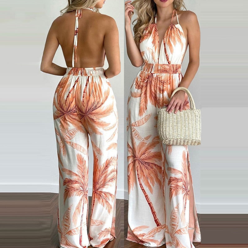 Summer Wide Leg Outfit Loose Casual Tropical Print Halter V Neck Jumpsuit Romper