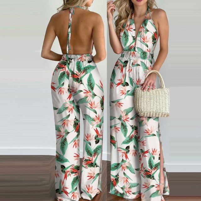 Summer Wide Leg Outfit Loose Casual Tropical Print Halter V Neck Jumpsuit Romper