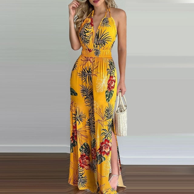 Summer Wide Leg Outfit Loose Casual Tropical Print Halter V Neck Jumpsuit Romper